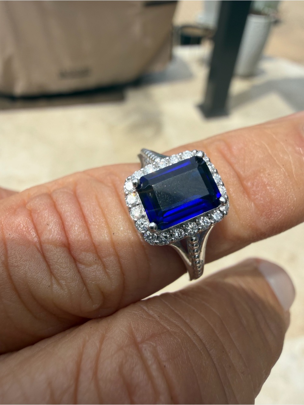 Sterling Silver Deep Blue Sapphire Emerald-Cut  Diamond Halo Ring